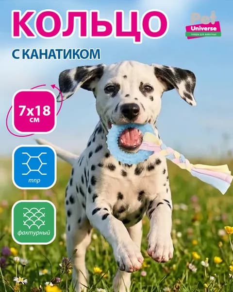 Игрушка для собак Pet Universe Кольцо с канатиком, размер 7*18 см, жевательная игрушка для прорезывания и чистки зубов, ухода за дёснами. Для щенков и взрослых. PU3017BE