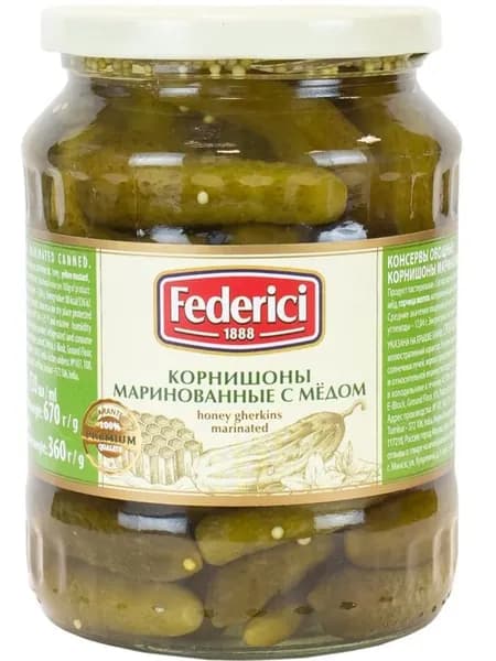 Огурцы Federici Корнишоны маринованные с мёдом, 720мл