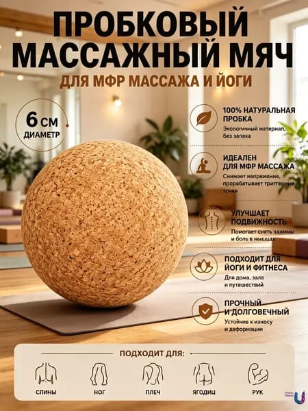 Мяч для МФР массажа пробковый 6 см, массажный шар для спины, стоп и мышц