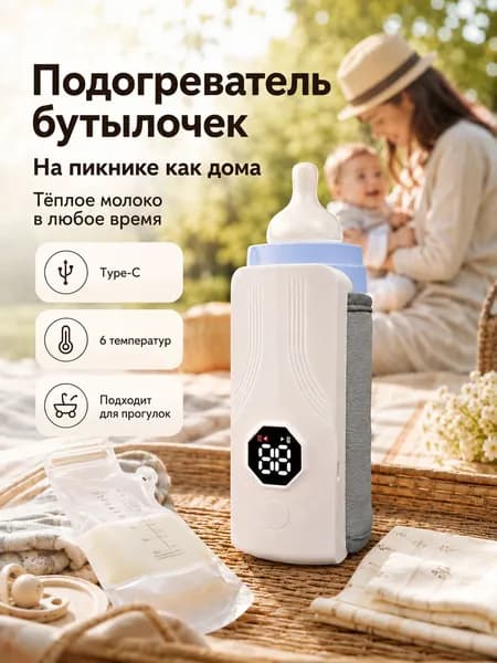 Подогреватель для бутылочки портативный, 6 режимов температуры, функция долгого поддержания тепла, температурный дисплей, компактный для выезда на природу, совместим с бутылочками диаметром до 80 мм