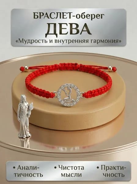 Браслет красная нить Дева на запястье оберег талисман с кулоном серебристый