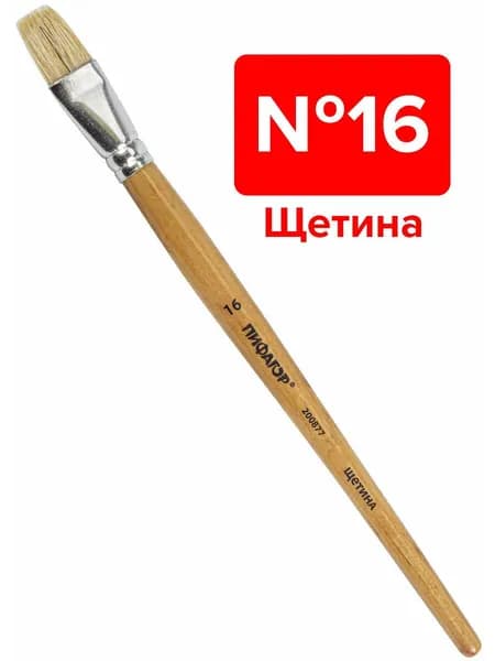Кисть Пифагор, щетина, плоская, № 16, деревянная лакированная ручка, пакет с подвесом