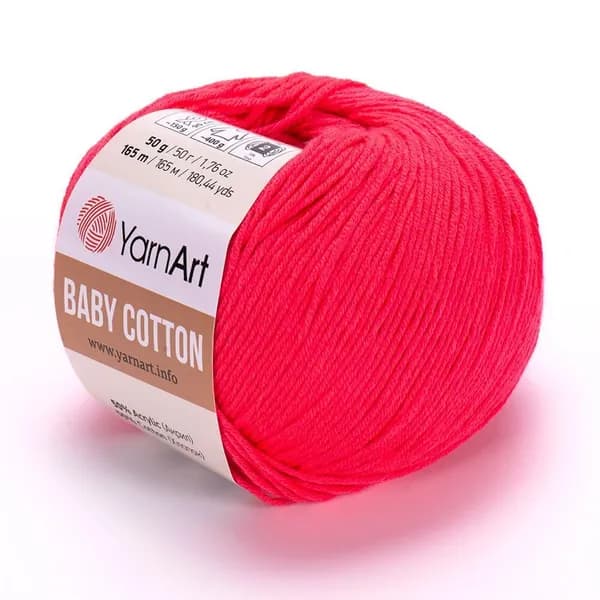 Пряжа Baby Cotton YarnArt - 423 (яр.коралл), 1 моток, 50% хлопок, 50% акрил (50г, 165м) нитки для вязания