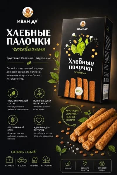 Хлебные палочки Чечевичные, без сахара 2 по 100г., Иван Да.