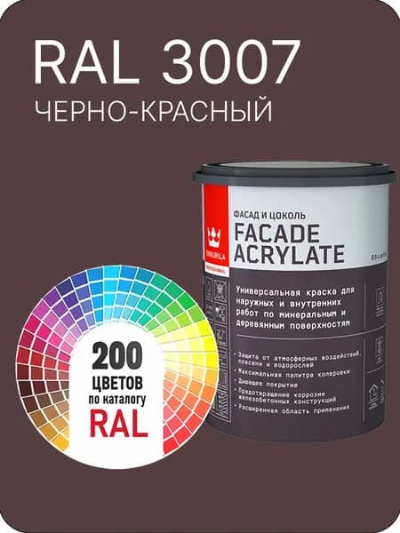 Tikkurila Facade Acrylate краска для фасадов и интерьеров цвет черно - красный Ral 3007 0.9 л.