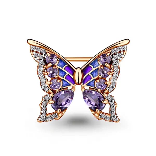Брошь из золочёного серебра DIAMANT-ONLINE с фианитом, аметистом и эмалью 925 пробы