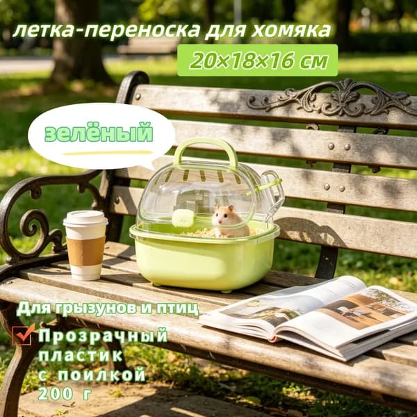летка-переноска для хомяка20 18 16 см Прозрачный пластик, с поилкой, 200 г Для грызунов и птиц, 4 цвета