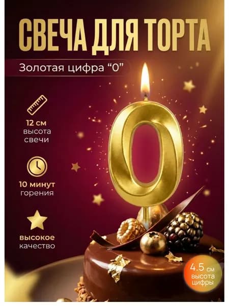 Свеча для торта цифра 0, цвет золотой