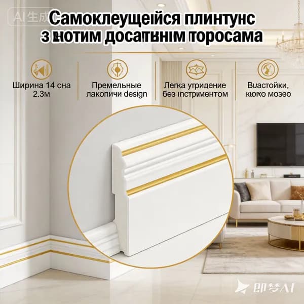 Гибкий ПВХ самоклеящийся потолочный плинтус, декоративный бордюр для стен и обоев, 14 см х 2,3 м, 1 рулон, белый с золотистыми краями
