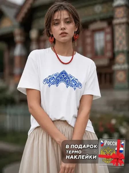 Футболка большие размеры с принтом кокошник slavic girl