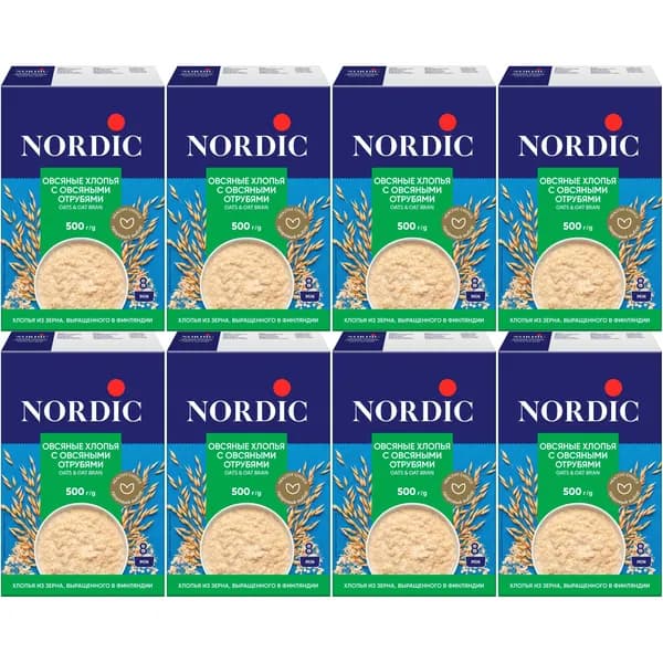 Хлопья Nordic овсяные с отрубями 500 г, набор: 8 штук