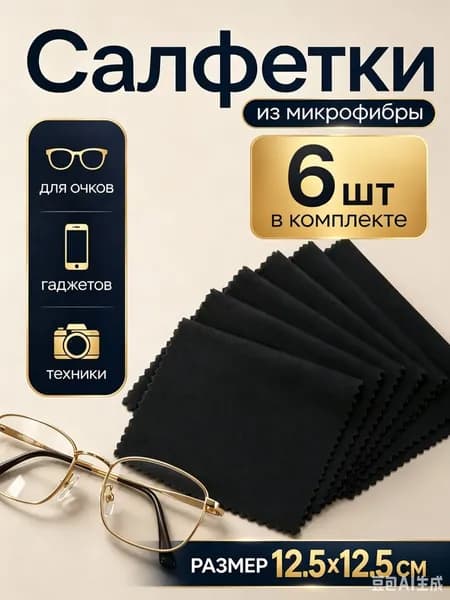 Салфетки для очков очищающие, многоразовые из микрофибры, черные, 12.5х12.5 см, 6шт