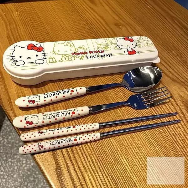 Hello Kitty Набор столовых приборов (вилка, ложка, палочки для еды) - Детский набор из нержавеющей стали, необходимый для путешествий и дома
