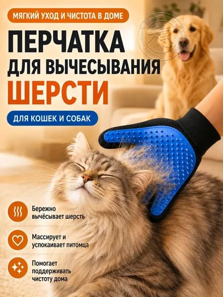 Перчатка для вычесывания шерсти кошек и собак