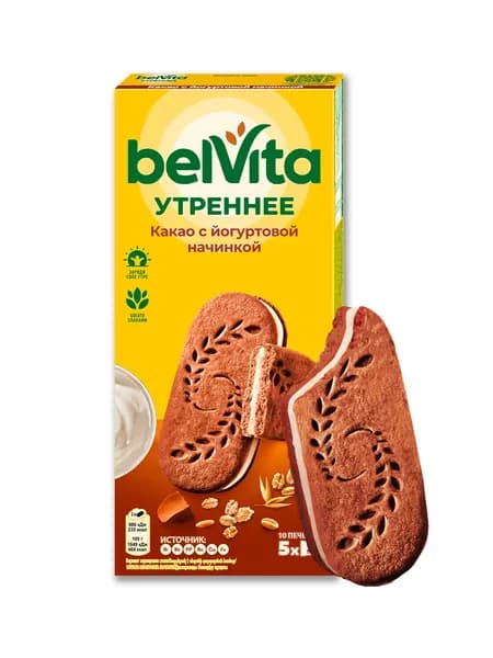 Печенье-сэндвич "BelVita Утреннее" с цельными злаками, какао и йогуртовой начинкой, 253 г