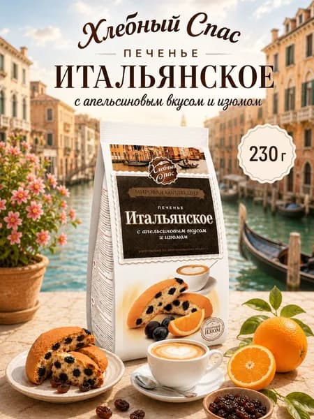 Хлебный Спас, Печенье Итальянское с апельсиновым вкусом и изюмом, 230 г, Россия