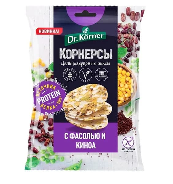 Dr. Korner Чипсы Кукурузно-рисовые с горошек,фасолью киноа ,50г