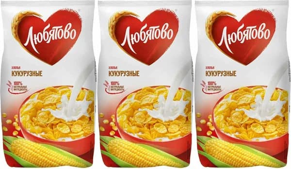 Сухой завтрак хлопья Любятово кукурузные, комплект: 3 упаковки по 300 г