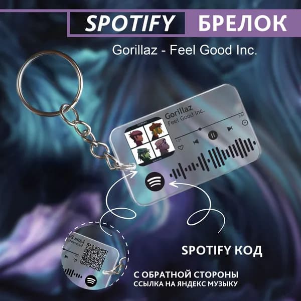 Подарок девушке на день рождения, парню, брелок для ключей спотифай, песня - Gorillaz - feel good inc.