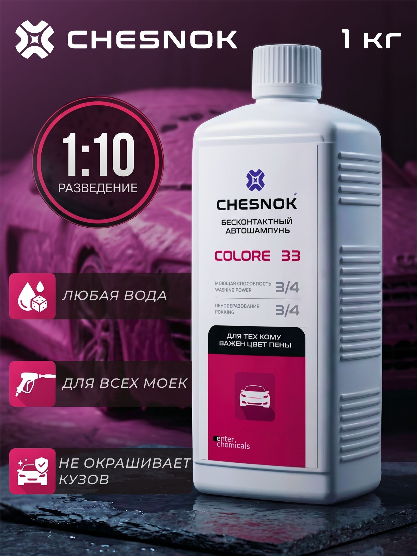 Автошампунь для бесконтактной мойки / активная розоая пена 1 л / CHESNOK