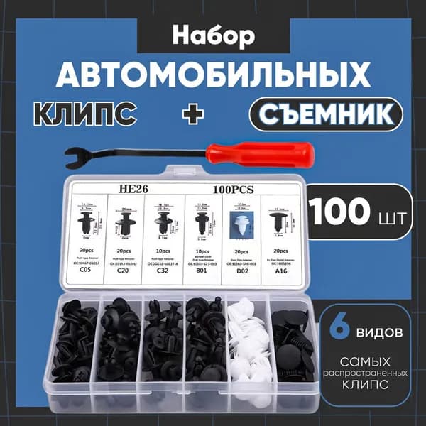 Крепежные автомобильные клипсы 100 шт со съемником (клипсодером) / метиз крепежный автомобильный