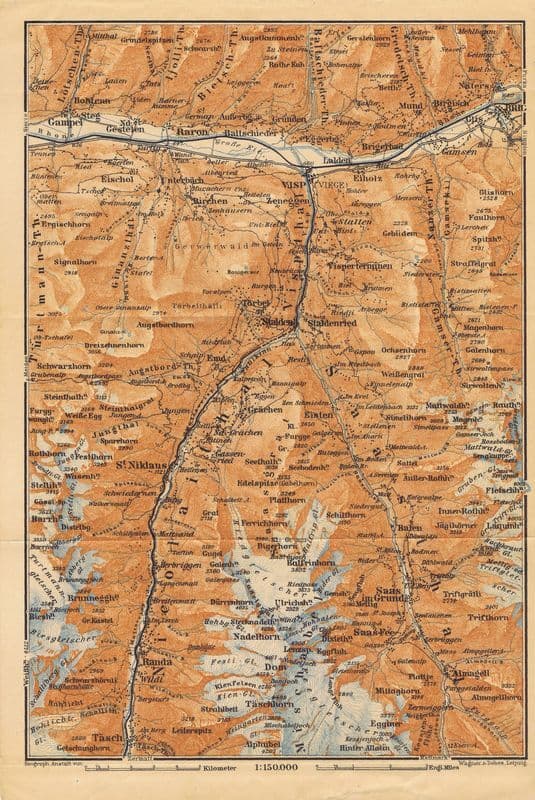 Карта (план). Швейцария. Долина Маттерталь (Валле-де-Сен-Николя, Валле-де-Церматт). Смешанная техника. Германия, Лейпциг, 1905 год