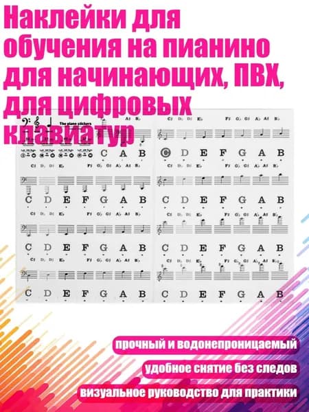 Наклейки для обучения на пианино для начинающих, ПВХ, для цифровых клавиатур, Черный