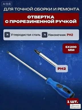 Отвертка с прорезиненной ручкой PH2 5,5х200мм для точной сборки и ремонта