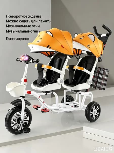 Складной детский трехколесный велосипед для двоих (1-6 лет) с откидной спинкой, родительской ручкой и защитным