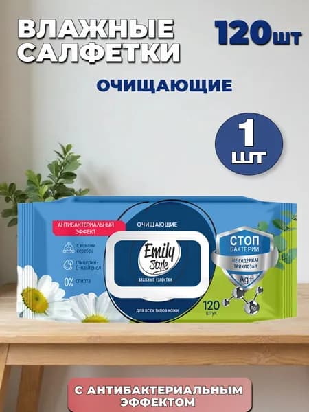 Влажные салфетки EMILY STYLE Антибактериальные с клапаном (1уп по 120шт)