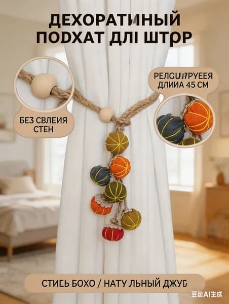 Подхват для штор, держатель занавесок из джута с декоративными шариками-длина 45 см, интерьерный аксессуар для декора окна в гостиной и спальне