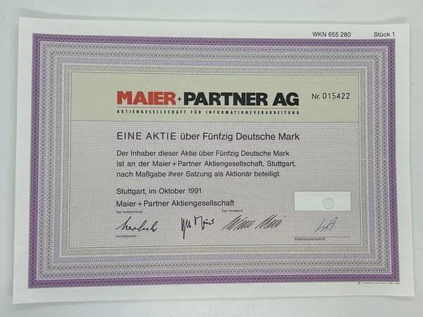 Акция Германия. 1 акция на 50 марок 1991 год. MAIER PARTNER №3