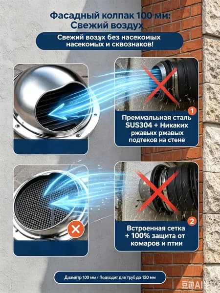 Колпак вентиляционный из нержавеющей стали, 100 мм - решетка фасадная наружная с антимоскитной сеткой для вытяжки и вентиляции, диффузор уличный.