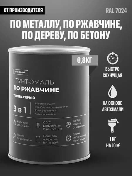 Грунтович Краска Быстросохнущая, Гладкая, Полуглянцевое покрытие, 0.8 кг, темно-серый