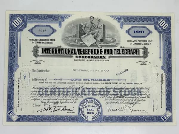 Ценная бумага США International Telephone And Telegraph Corporation. Телекоммуникаций. 1960-1970 гг.