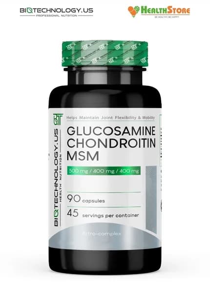 Biotechnology.US Glucosamine Chondroitin MSM 90 капсул Глюкозамин Хондроитин и МСМ (Метилсульфонилметан, сера) , бады / витамины для суставов, связок и хрящей, хондропротектор