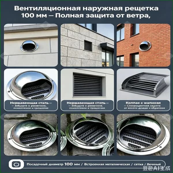 Решетка вентиляционная наружная 100 мм, колпак для вентиляции из нержавеющей стали, дефлектор и вытяжка фасадная круглая с сеткой от грызунов и жалюзи