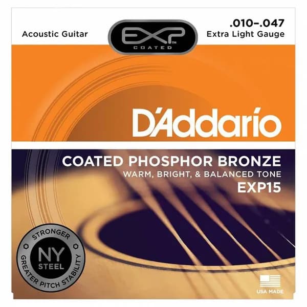 D'Addario EXP15 - PHOSPHOR BRONZE NY Steel Струны акустической гитары из люминофорной бронзы с покрытием, Extra Light 10-47