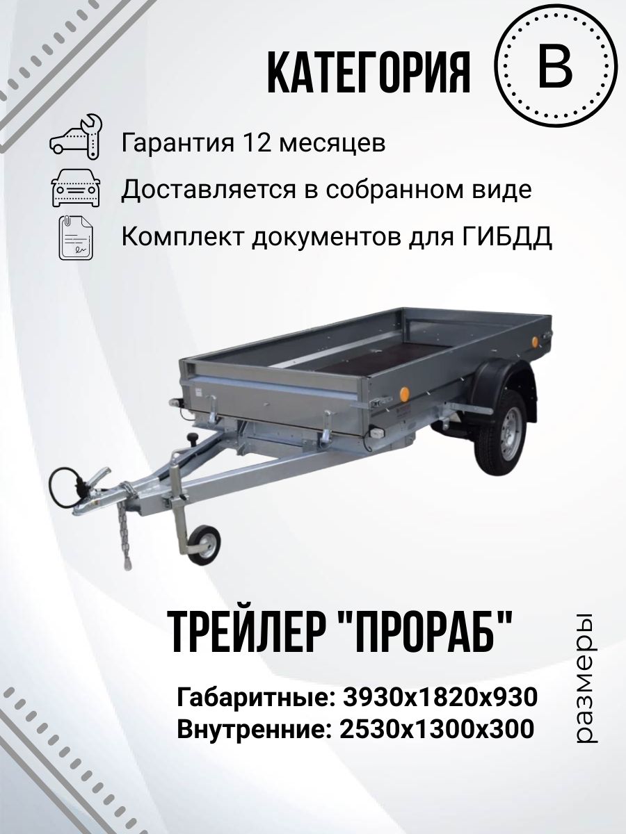 Прицеп легковой одноосный ТРЕЙЛЕР ПРОРАБ 829450 (2,6х1,3м)