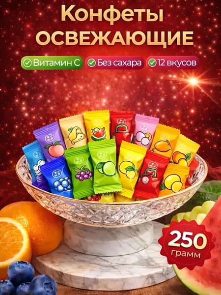 Китайские освежающие фруктовые конфеты Ассорти 250 грамм.