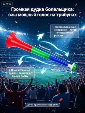Дудка болельщика, телескопическая вувузела 54 см громкий спортивный гудок, для стадиона футбола соревнований.