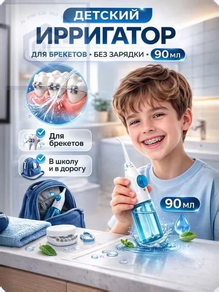 Детский ирригатор для зубов ручной механический 90 мл без зарядки, портативный дорожный, для брекетов и школьниковДетский портативный ирригатор без зарядки 90 мл, для брекетов и школьников