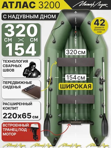 Лодка ПВХ под мотор надувная АТЛАС 3200 НДНД с надувным дном зелёный-чёрный Мастер Лодок