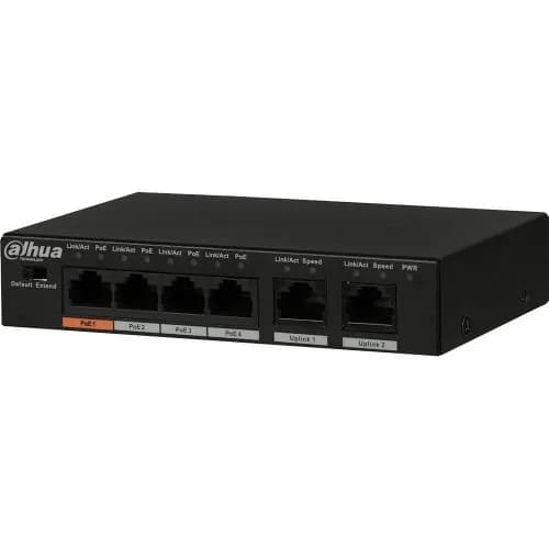 DAHUA PFS3006-4ET-60-V2, 4 порта, мегабит, PoE 60 Вт, 2 восходящих порта, неуправляемый, настольный коммутатор.