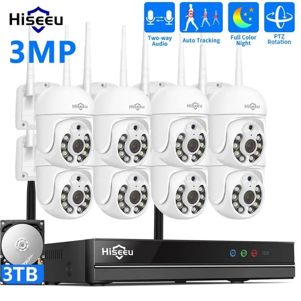Hiseeu Wi-Fi PTZ Комплект камеры видеонаблюдения,10CH NVR Набор,3MP 8 IP камеры,3TB жесткого диска,Цветная ночного видения,Автоматическое отслеживание,Двусторонняя аудиосвязь, P2P