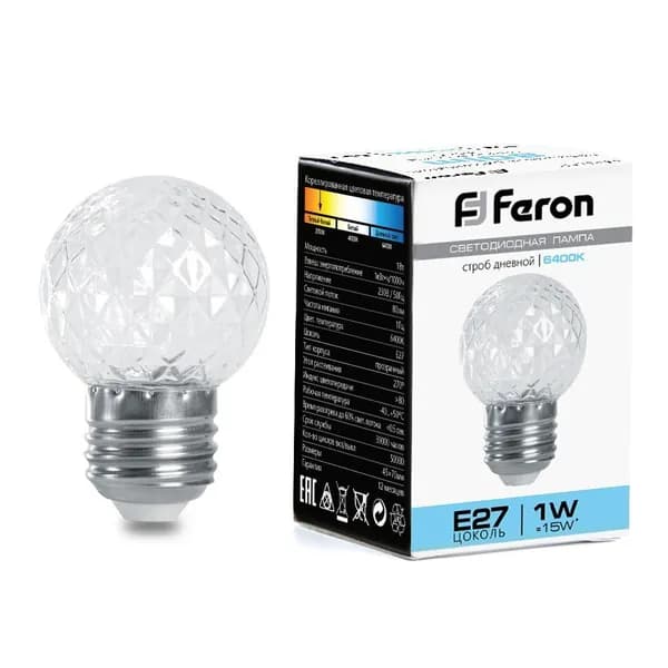Лампа светодиодная Е27 со стробом мощность 1W цвет 6400K дневной белый свет Feron LB-377 38220 Упаковка 1 штука Уцененный товар