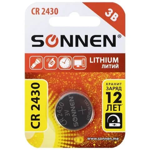Батарейка литиевая sonnen lithium CR2430 таблетка, дисковая, кнопочная 1 шт., блистер, ,(набор из 1 шт)
