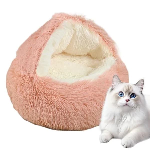 Лежанка для кошек и мелких собак "Ракушка", закрытый домик животных, теплый плюшевый коврик 40 см, светло-серый