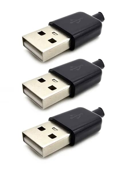 Разъем USB 2.0 штекер под пайку на кабель, разборный корпус, черный, комплект - 3шт