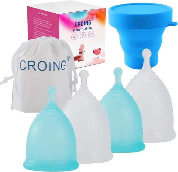 Комплект менструальных чаш Croing из 4 шт. с 1 чашей для стерилизации, держателем и футляром хранения (синий и белый).